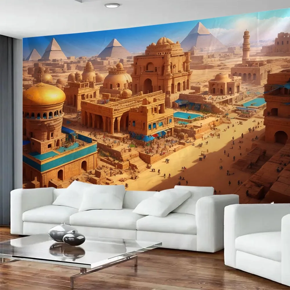 Dreamy Pyramid Tapestry Colorful Egyptian Ancient City Wall Hanging Fabric Painting Suitable for Home, Office, Party Decoration