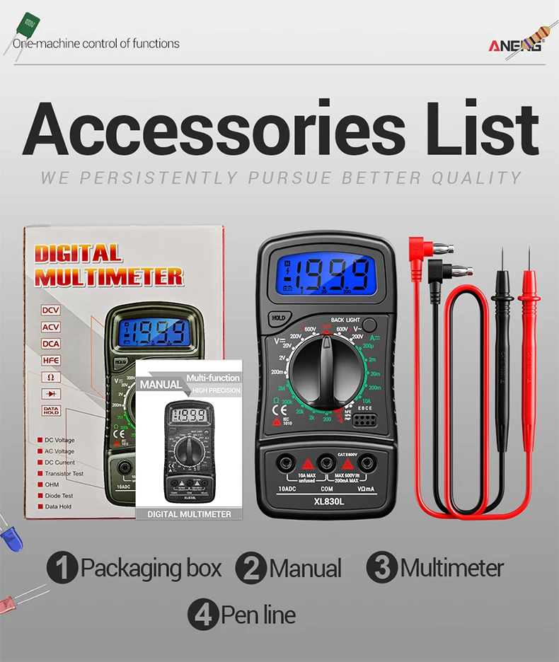 ANENG XL830L LCD-Hintergrundbeleuchtetes Multimeter 1999 Messungen 600V AC/DC Spannung DC 10A Strom Widerstand Dioden HFE Detektor mit Datenhaltefunktion – Detail 12
