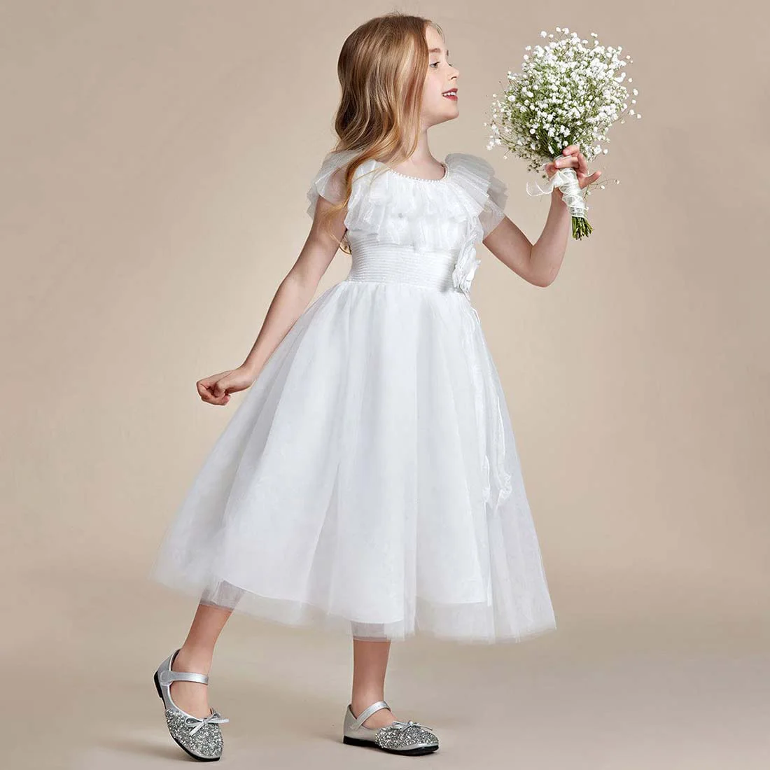 YZYmanualroom Tulle Flower Girl Dress con fiocco affascinante girocollo 2-15T