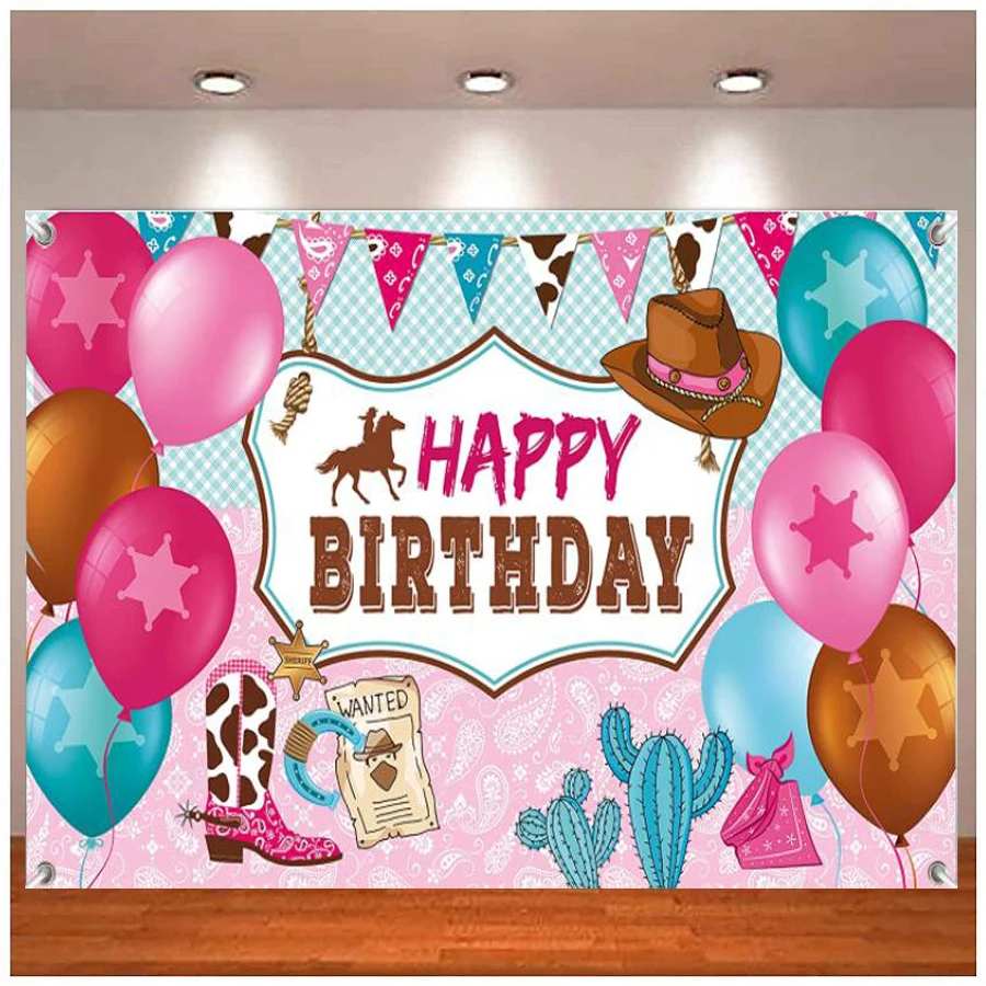 Happy Birthday Party Decorations Photography Backdrop Pink Horse Supplies Cowboy Banner Photo Booth Background For Girls