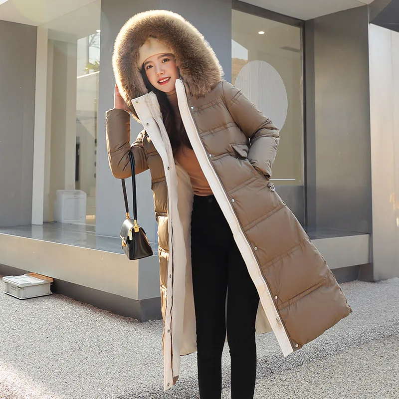 Women's Mid-Length Cotton Coat Large Fur Collar Hood Slim Belt Design Warm Winter Outerwear Plus Size Knee-Length Cotton Jacket