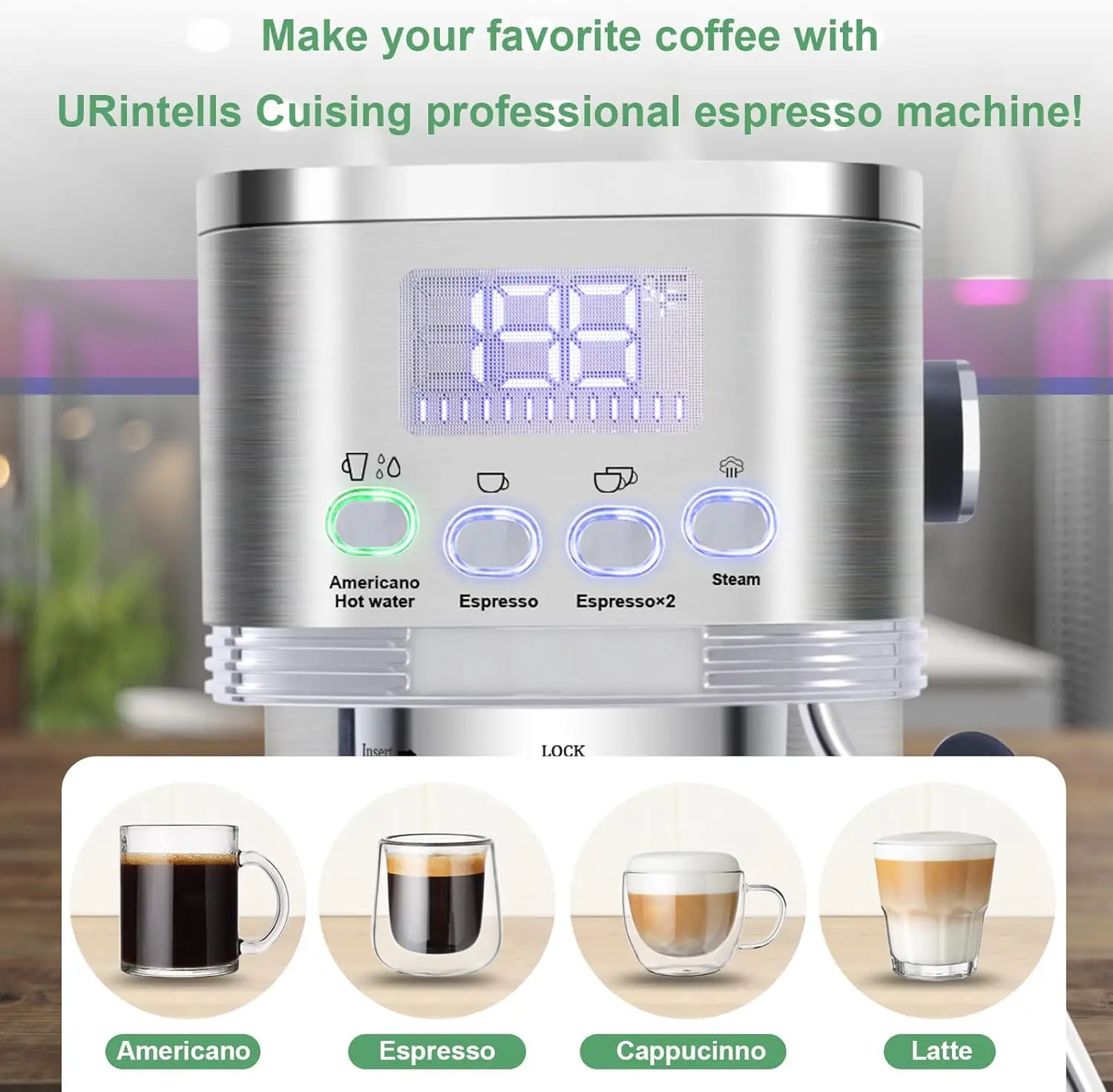 LED Display Espresso Maker with Steam Milk Frother for Americano Cappuccino Latte, Espresso Coffee Machines with ESE Pod Filter,