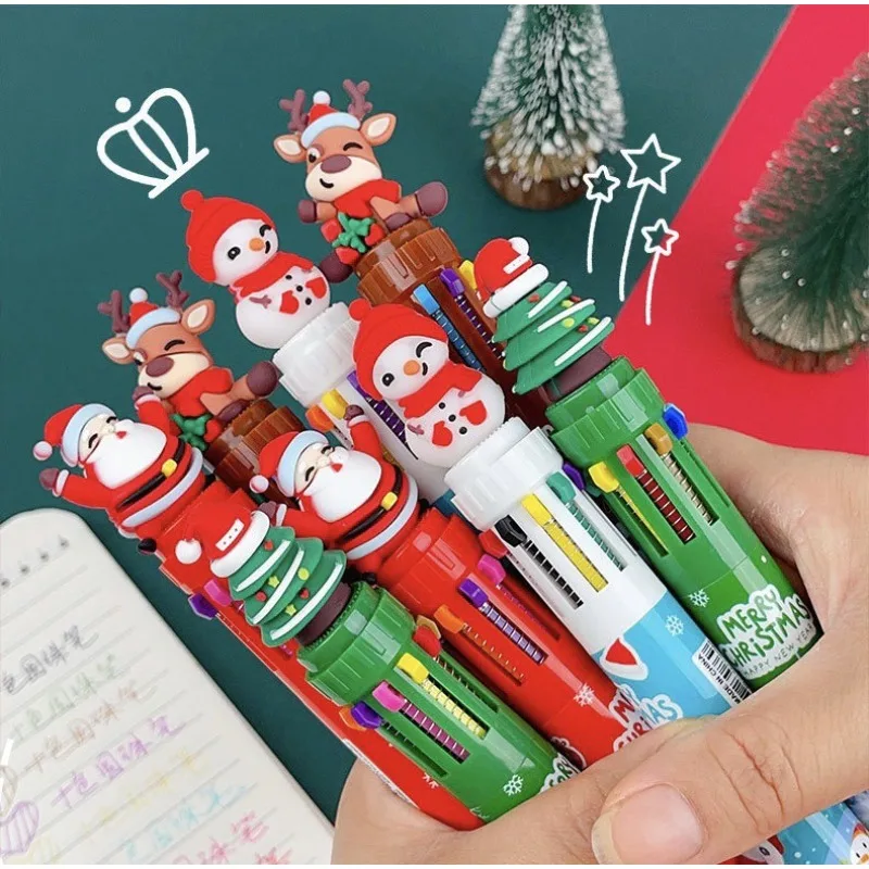 قلم حبر جاف كريسماس كرتوني ملون ، ضغط عشرة ألوان ، مجموعة متعددة الألوان ، هدية طالب
