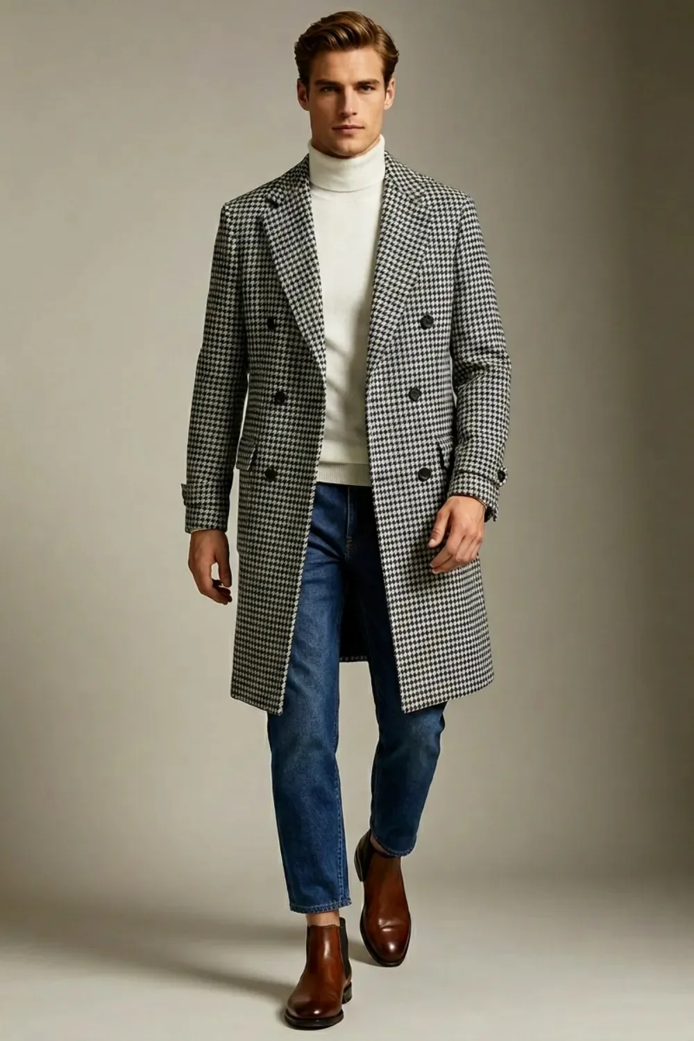 Classic Black White Houndstooth Tweed Double-Breasted Overcoat with Notch Lapel Men Autumn Long Coat Customized E26140