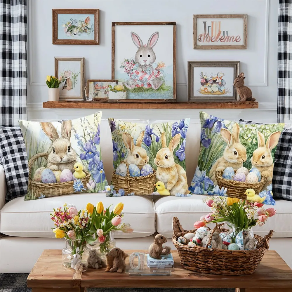 4 fundas  cojín  Pascua con conejos y huevos florales  primavera - Colores, fundas con cremallera acuadas para sofá, cam