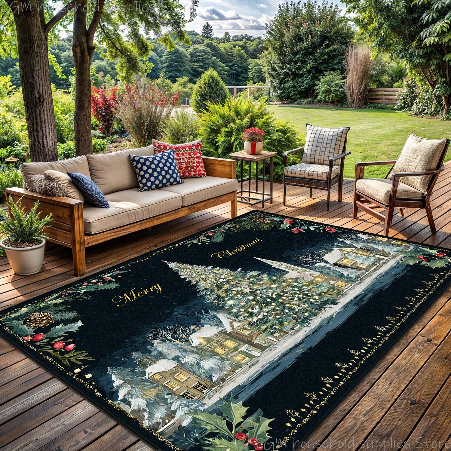 Red Navy Snow Winter Village Christmas Carpet House Decor Living Room Bedroom Large Rug Tree Print Non-slip Washable Floor Mat