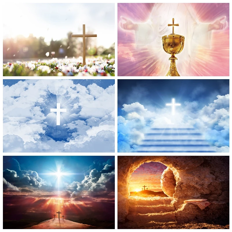 Décor de fond religieux avec croix chrétienne, lumières sacrées, ciel, nuages, crucifix, résurrection de Jésus, Pâques, pour photos