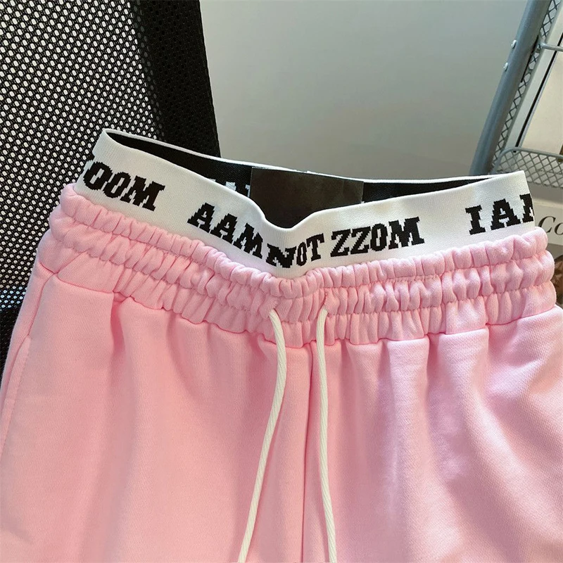 Trendy Women Double Waistband Pants High Waist Drawstring Wide Leg Baggy Pink Letter Graphic Y2K Streetwear Hip Hop Trousers