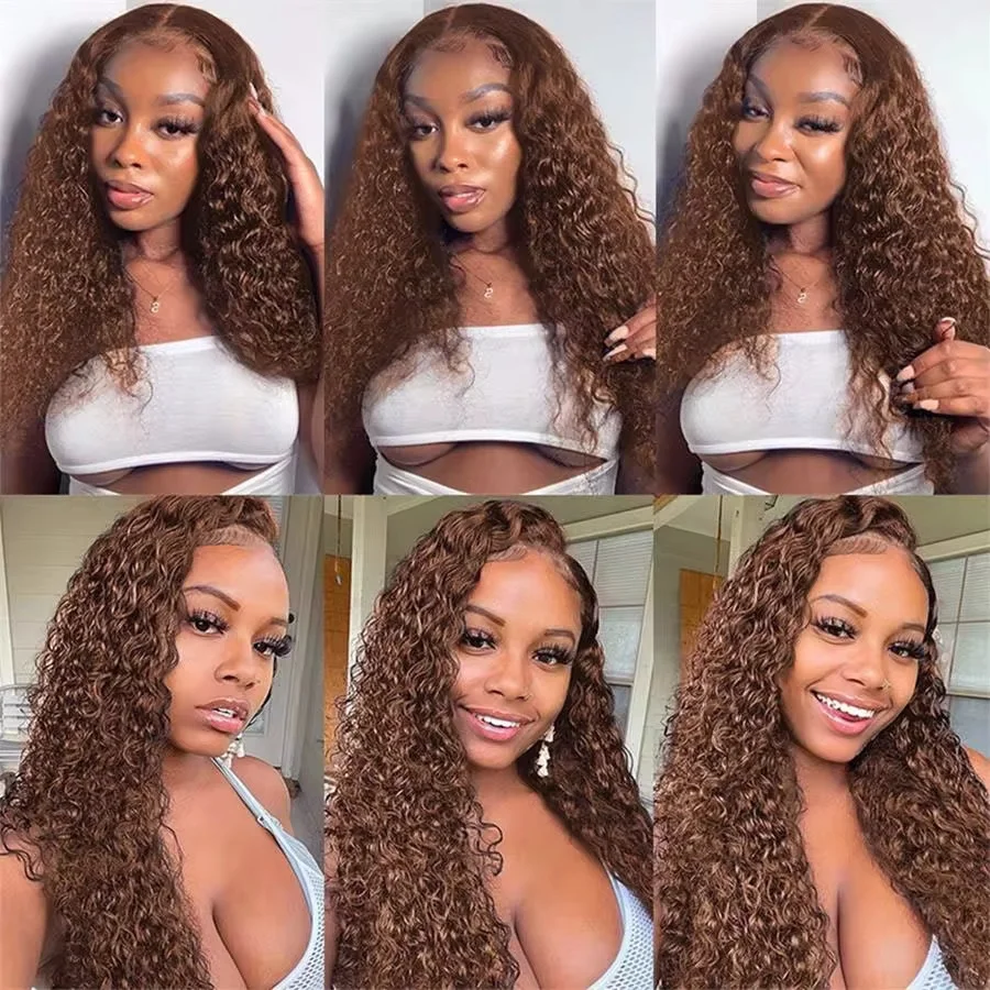 Perruque Lace Front Wig Brésilienne Naturelle, Cheveux Bouclés, Deep Wave, Couleur Brun Chocolat, 13x4, 13x6, Densité 250