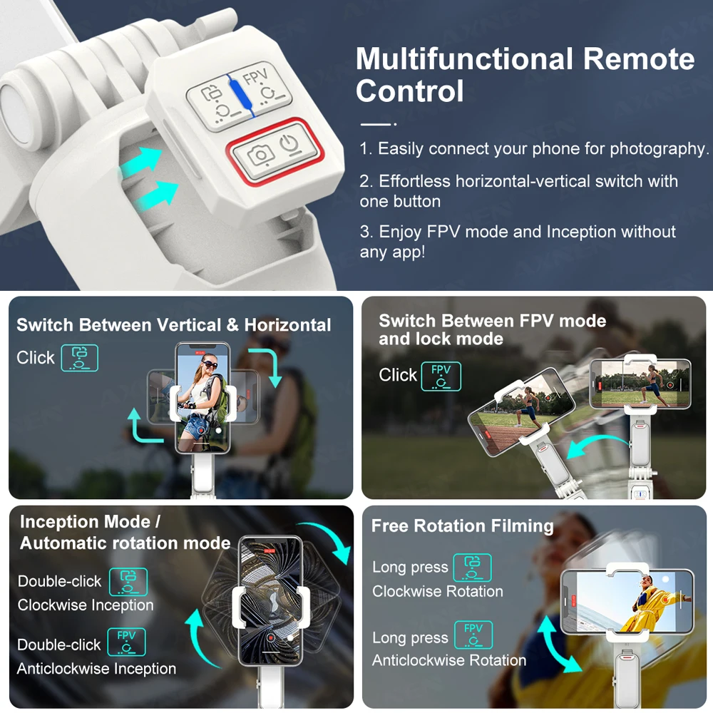 AXNEN-Palo de Selfie estabilizador de cardán HQ2, trípode con barra de extensión de luz de relleno, Bluetooth inalámbrico para teléfono inteligente Android y IPhone