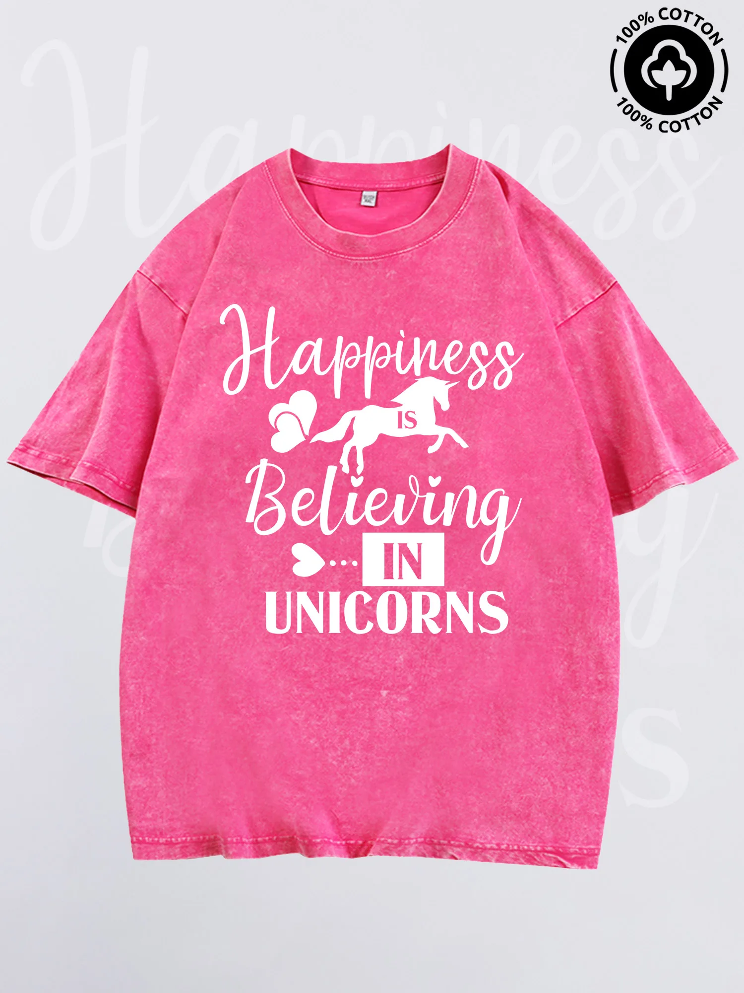تي شيرت برسومات Happiness Is Believing In Unicorns للرجال، تي شيرت وردي عتيق من القطن الخالص، تي شيرت خفيف الوزن بكتف منسدل