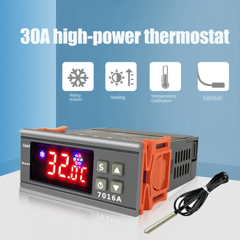 7016A Digital Temperature Controller 220V 30A With High-Power Temp Control Thermostat Heating Cooling NTC Sensor