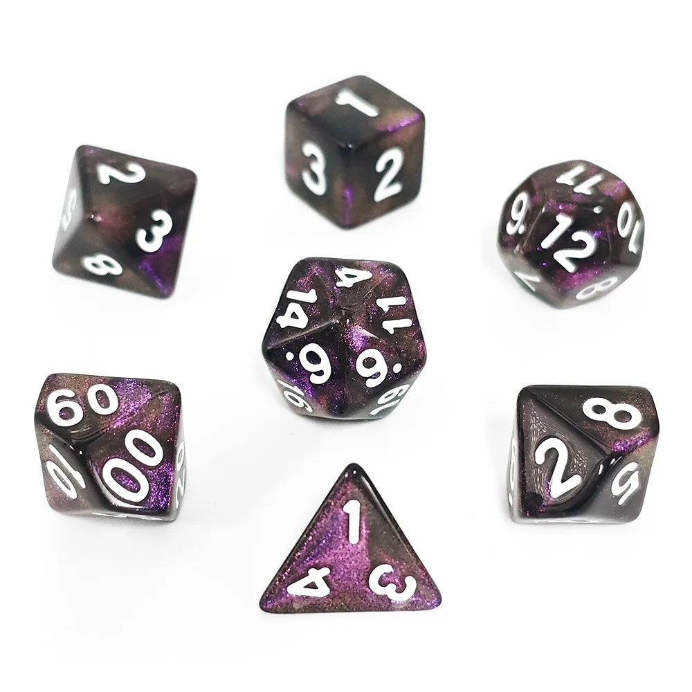 7-Die Polyhedral Dice Set, Shimmering Black Purple Starry Dice for D&D, Pathfinder, RPG, Table Games with White Numbers