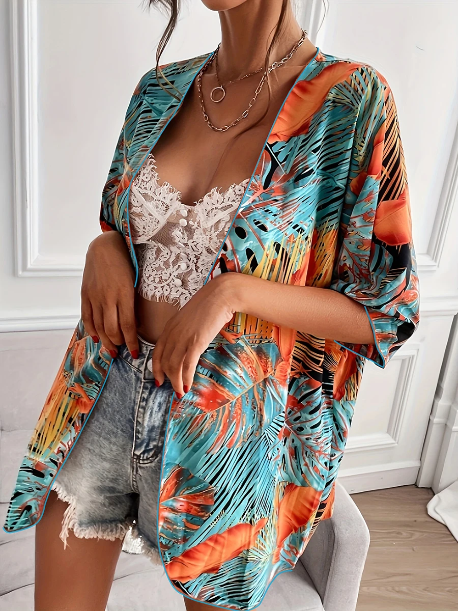 2024 Large Plus Size Print Beach Cover Up Short Sleeve One Piece Kimono Women Swimwear Female Bathing Suit Beachwear Swimming