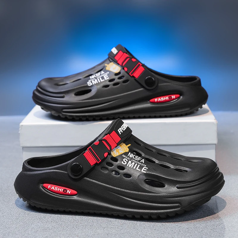 Fashion NKSPA SMILE Printed Men Clogs EVA Hollow Out Slip On Sandals Anti Slip Buckle Strap Garden Beach Casual Hole Shoes