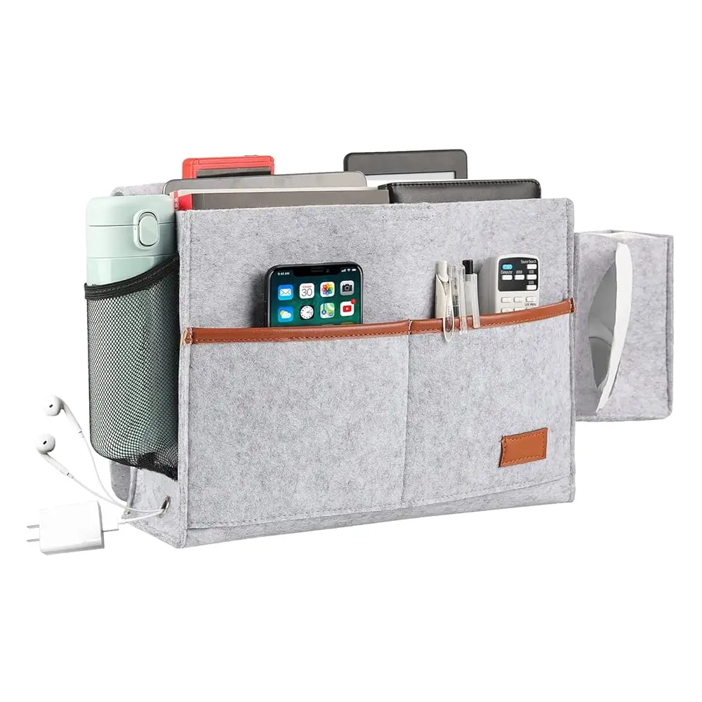 Bedside Caddy Felt Bed Storage Organizer Hanging Bag with Tissue Box and Water Bottle Pocket for Mattress, Sofa, Bunk Bed, L