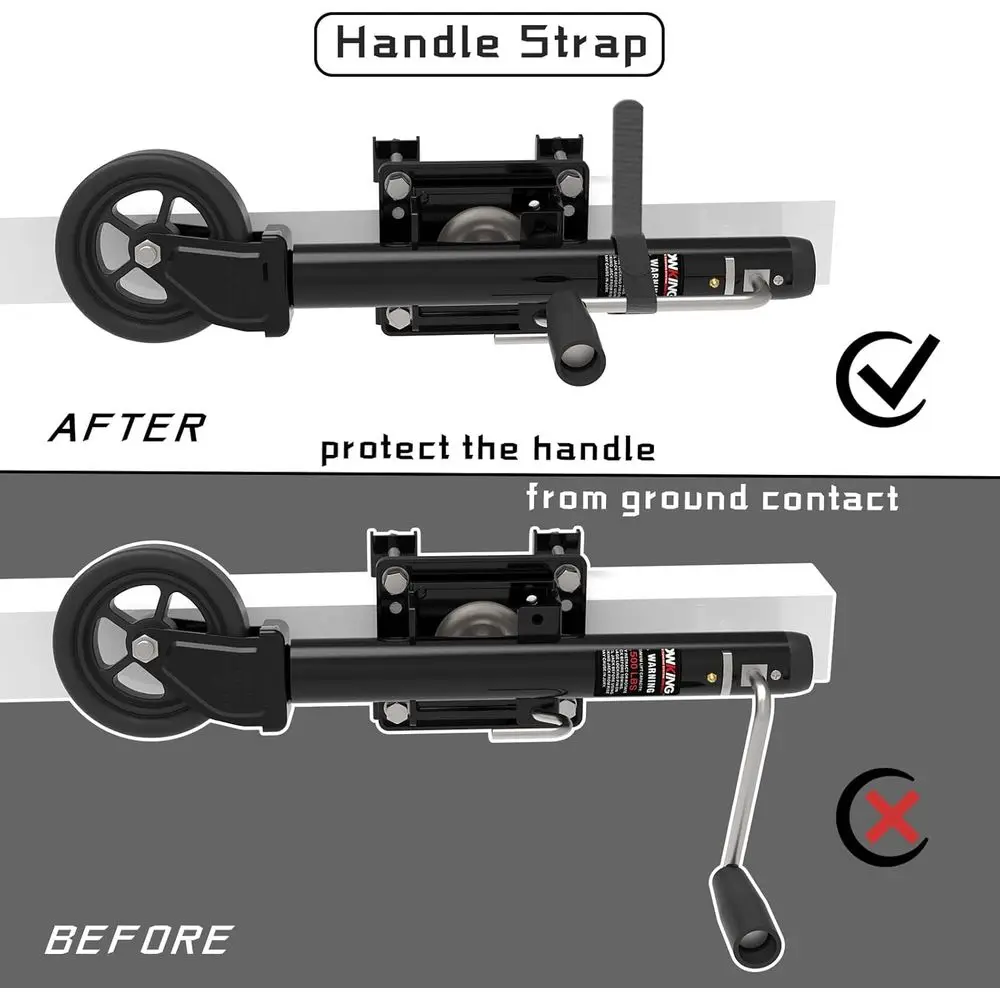 مقبس مقطورة بعجلة بقضبان مطورة، حركة عمودية مقاس 10 بوصات، 1500 رطلاً، للمركبات الترفيهية والقوارب والمقطورة والمزيد، أسود