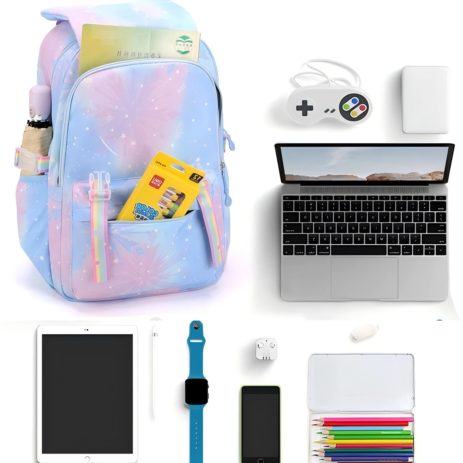 Bohemian-Style Stitch Cartoon Pattern Rainbow Nylon Backpack, Gradient Color Design, Lightweight & Large-Capacity Travel Backpac