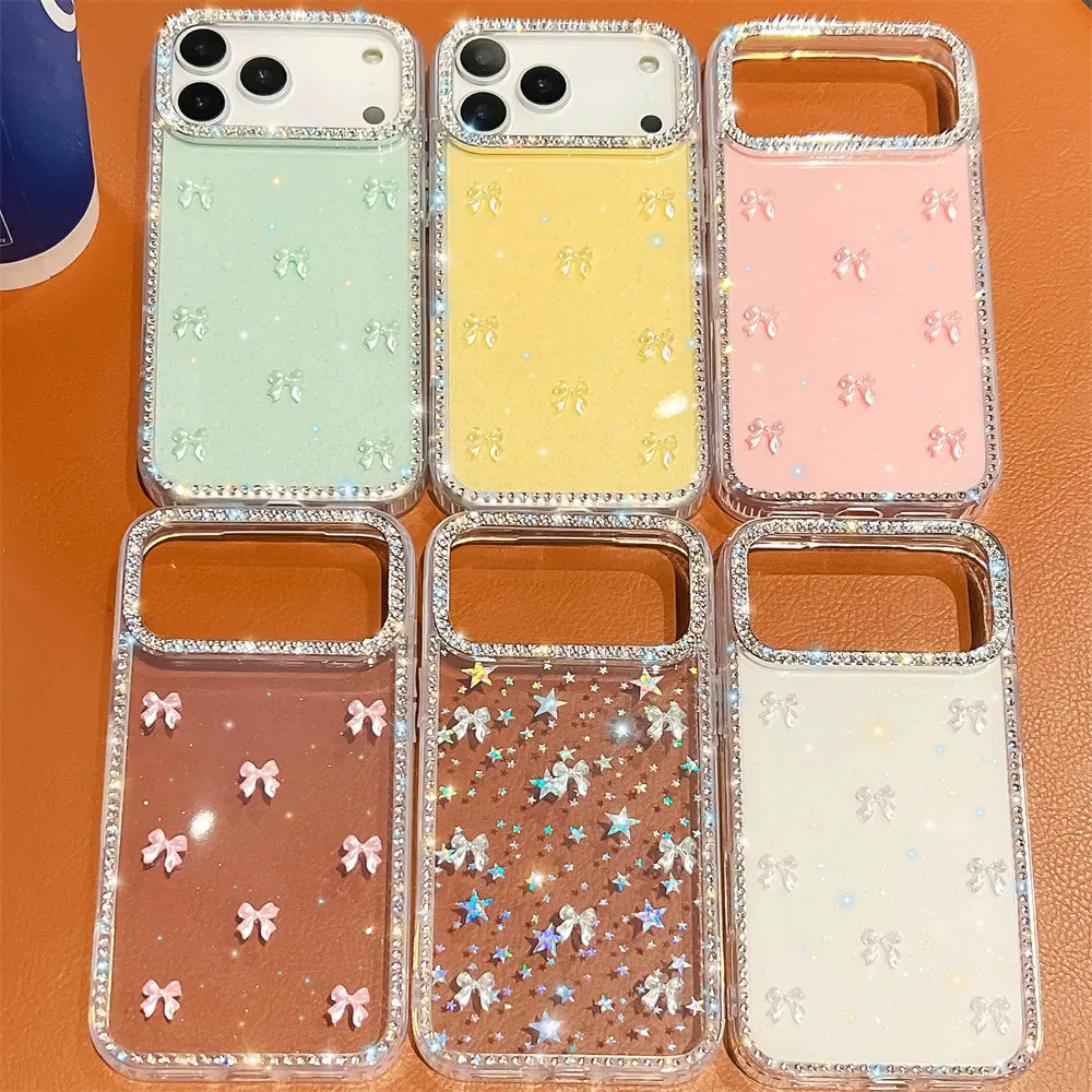 New Korean Sparkling Diamond Star Bow Phone Case Suitable for Samsung Galaxy S26 Ultra,S23,S24,S25, Anti Drop Protective Case