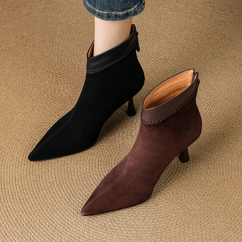2026 new autumn winter women ankle boots natural leather 22-24.5cm cow suede+cowhide pointed toe thin high heel short boots