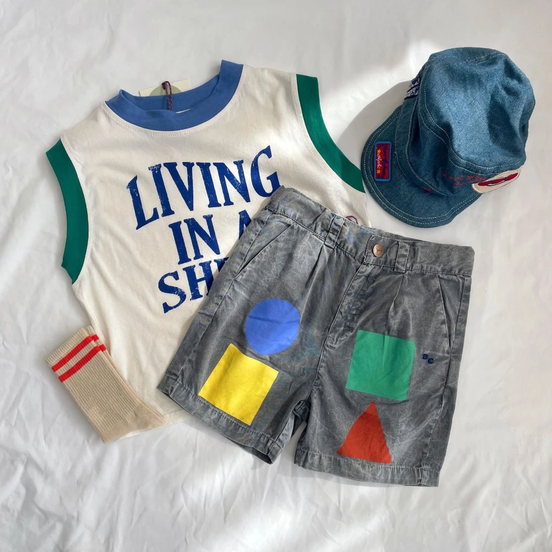 Summer Korea Style Boys and Girls Cute Cartoon Letter Denim Shorts Boys' Sports Pants T-shirt Sets Children's Vest Leisure Suit