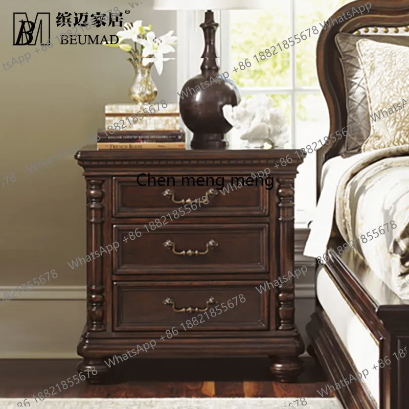 

American retro carved storage bedside table villa master bedroom home frame solid wood bedside table customization