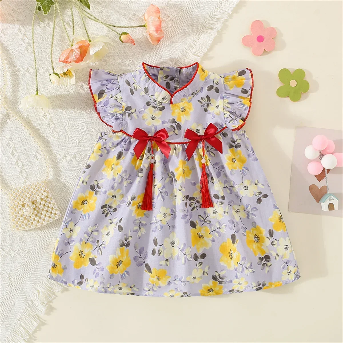 Baby Girl'S Dress New Summer Beautiful Korean Version Flower Bow Cotton Fabric Chinese Style Qipao