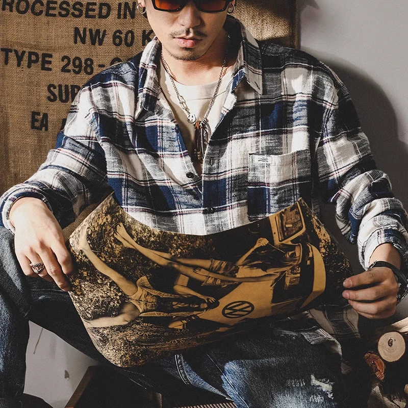 

Мужская рубашка в клетку в американском ретро-стиле, большого размера, с длинным рукавом, свободного кроя, осенняя, модная, в японском стиле, весенне-осенняя куртка...