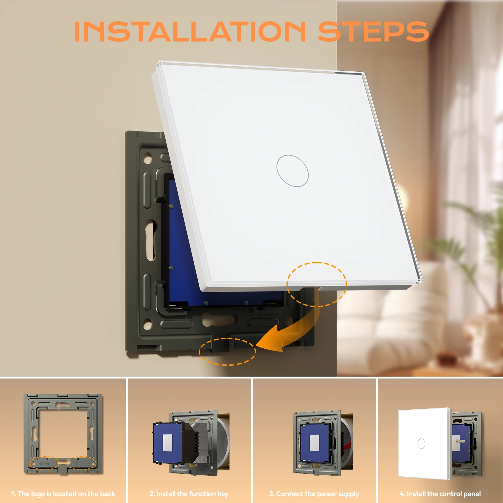 BSEED 1-fach 1-Wege Touch-Schalter Wandlichtschalter Weiß Kristallklar Wasserdicht LED-Sensor-Schalter Schwachblau Hintergrundbeleuchtung Einphasig – Detail 2