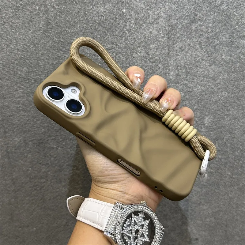 Matte Wrinkle Water Ripple Case For iPhone 16 14 13 12 11 15 Pro Max 16Plus Wrist Strap Hand Chain Soft Silicone Shockpoof Cover