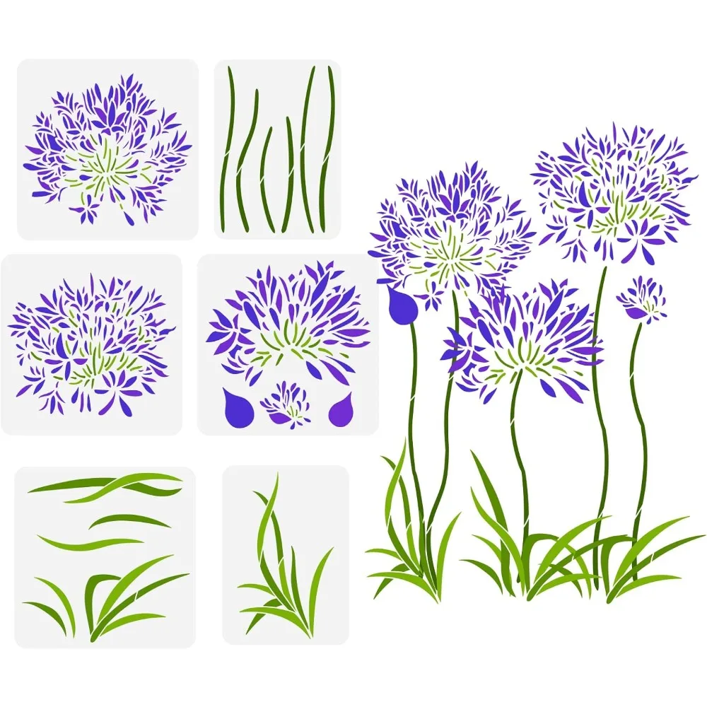 6 pcs Agapanthus Painting Stencil 2 Size Reusable Blue Lily Drawing Template DIY Art African Love Flowers Stencil Spring Floral