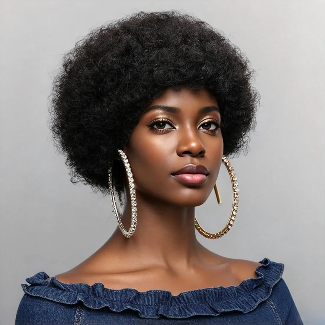 Human Hair Short Afro Kinky Curly Pixie Wig for Black Women, Bouncy Puff Curls With Bangs Natural Black Real Hair Wig Machine