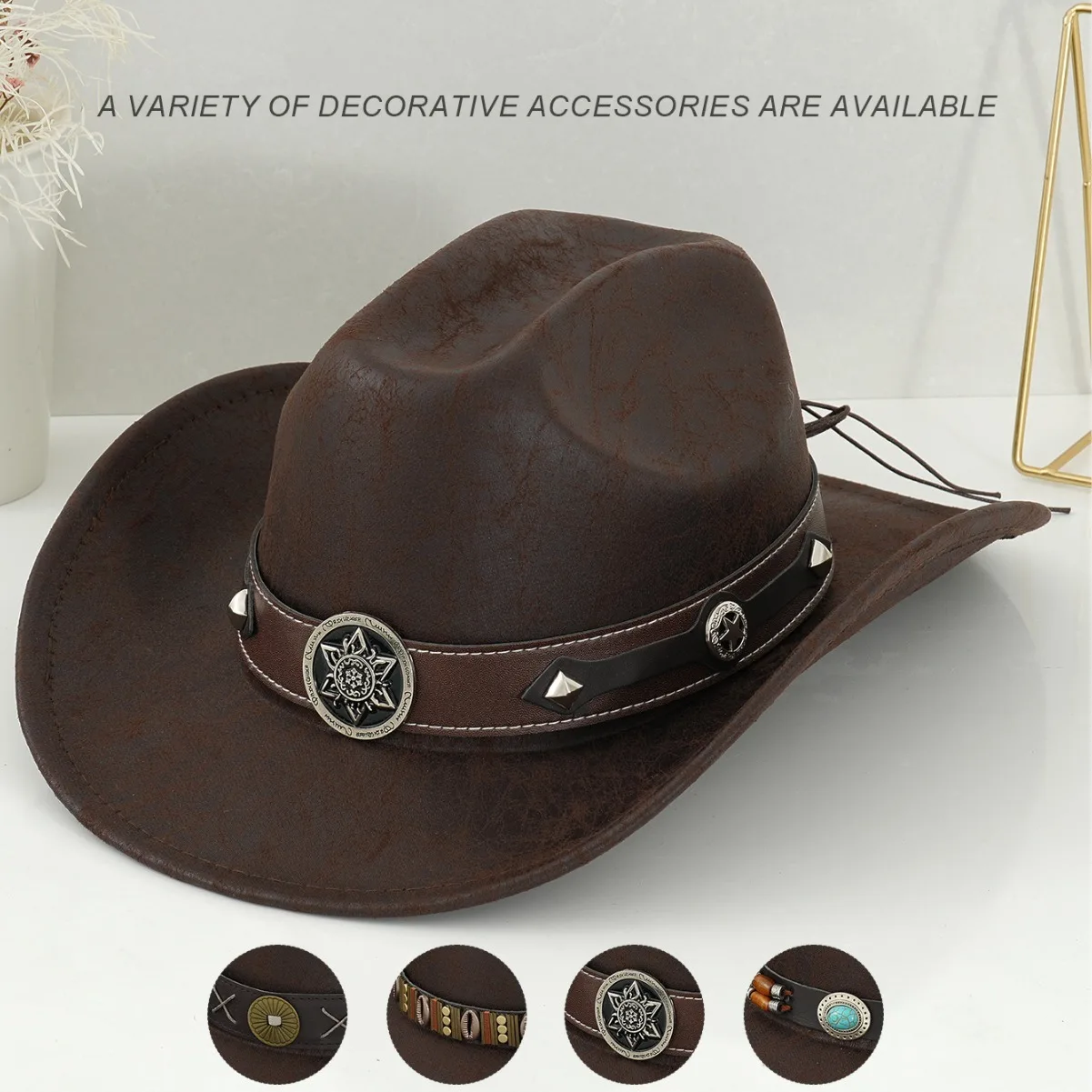 

HongLuan Black Cracks Felt Alloy Chain Cowboy Hats Women, Bohemia Cowboy Hat for Cowgirl Costume, Cowboy Accessories for Man