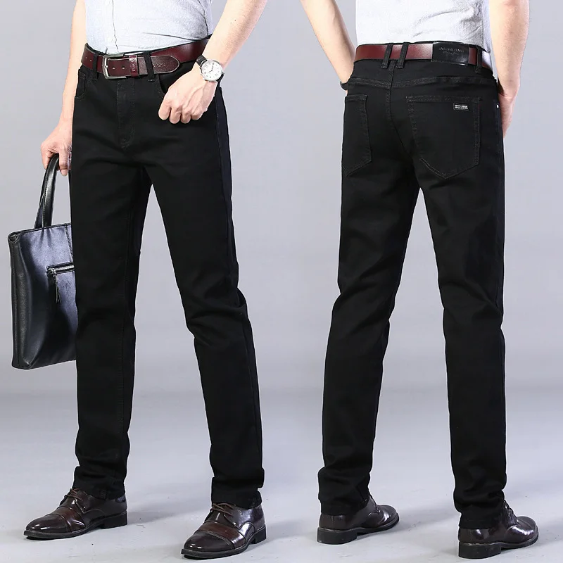 Men's Slim Fit Elastic Jeans High-quality Casual Pure Black Summer Breathable Thin Design