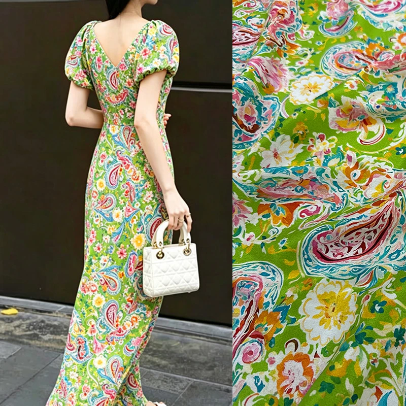 Colorful Printed Stretch Green Silk Crepe de Chine Fabric for DIY Sewing Summer Dress Pajamas Soft Silk Fabric FR7058
