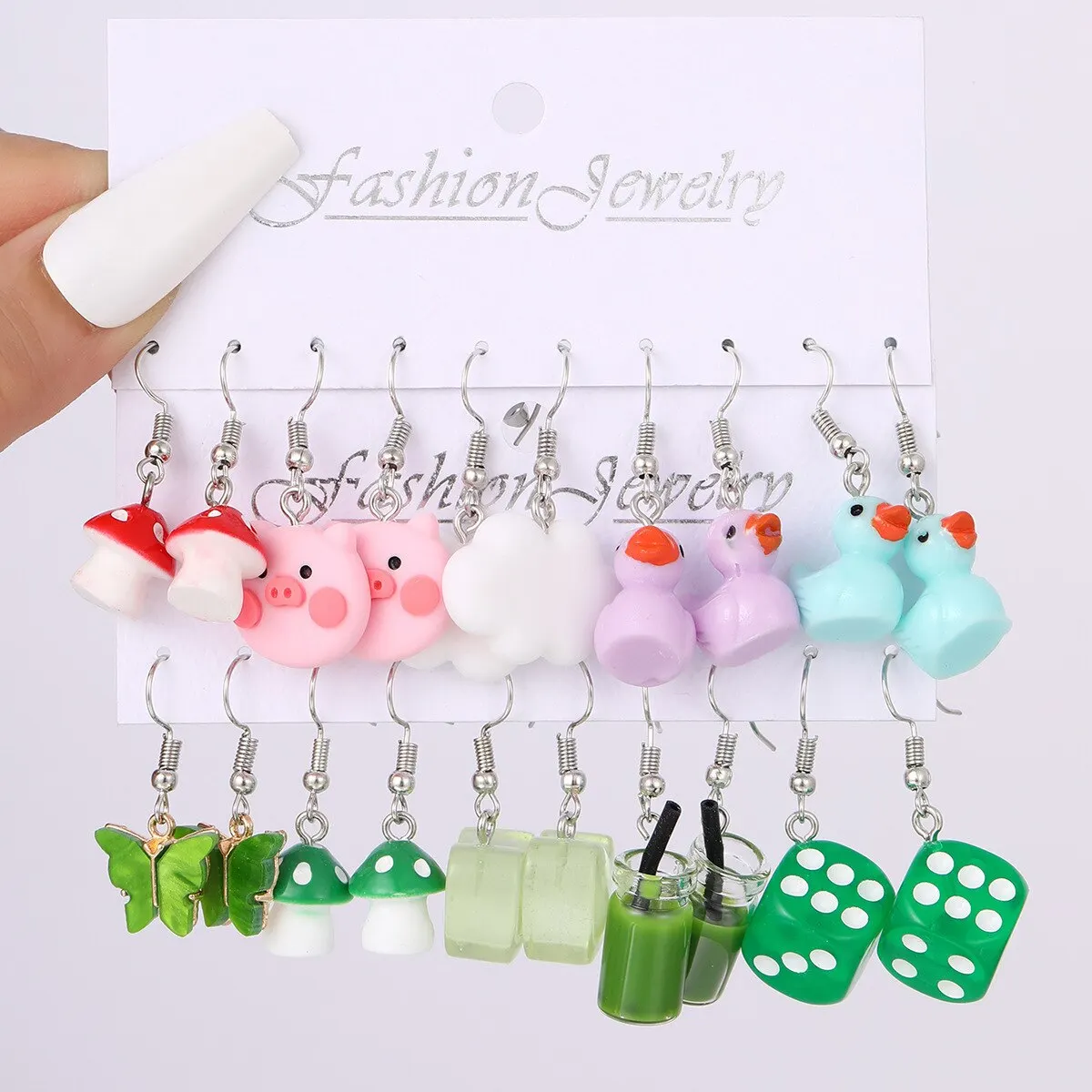 10pcs Suit Lovely Cartoon Earrings New Green Dice Mushroom Cloud Butterfly Earrings Pendant Earrings