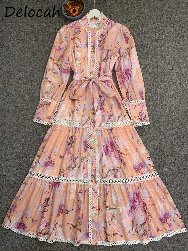 Delocah-Robe lanterne à manches longues pour femmes, ceinture à nœud, découpe, bloc tournant, robes longues imprimées, piste de vacances, mode d'été, haute qualité