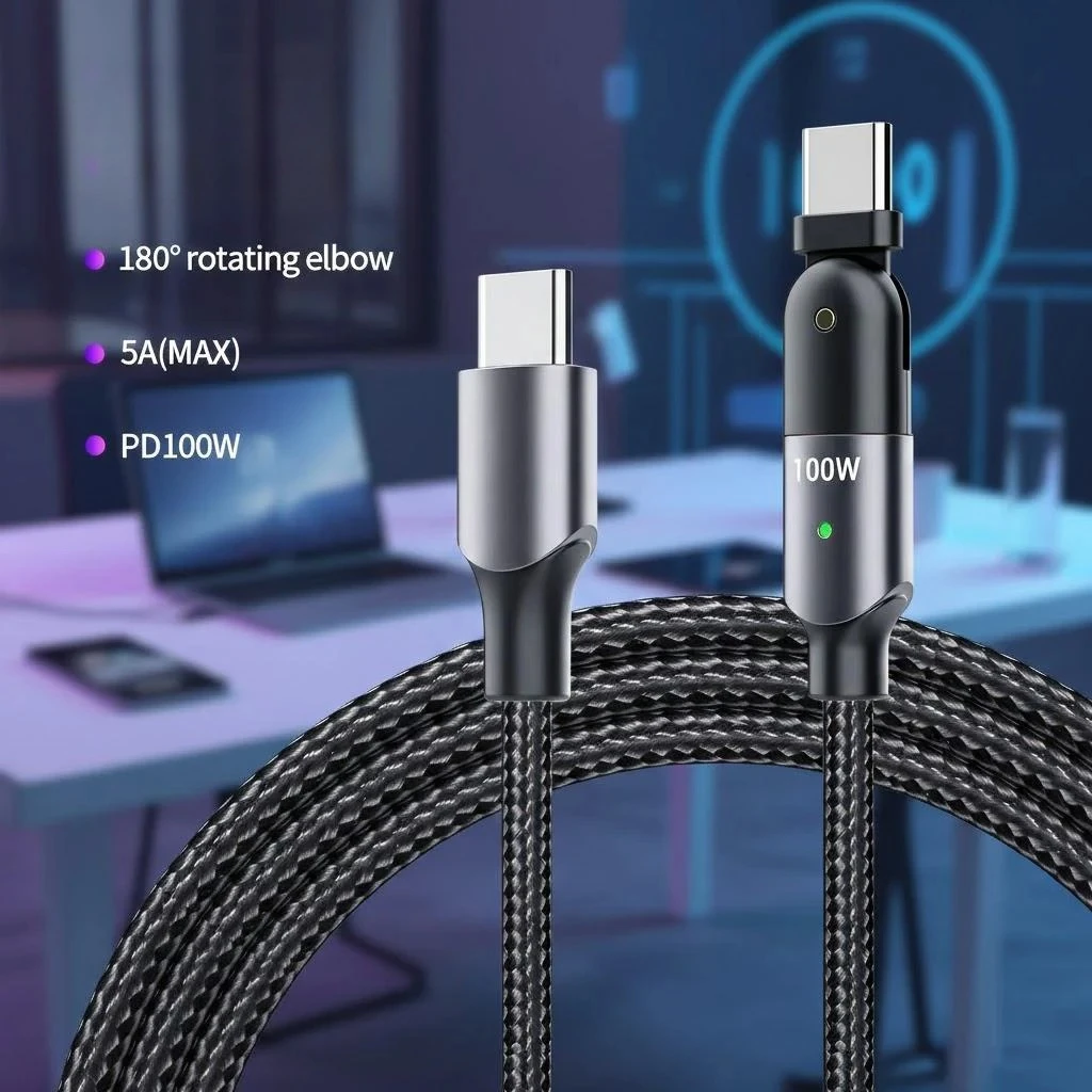 

100W PD Fast Charging Cable 180 Degree Rotatable 60W Dual Type C USB Cable for Smartphone Accessories