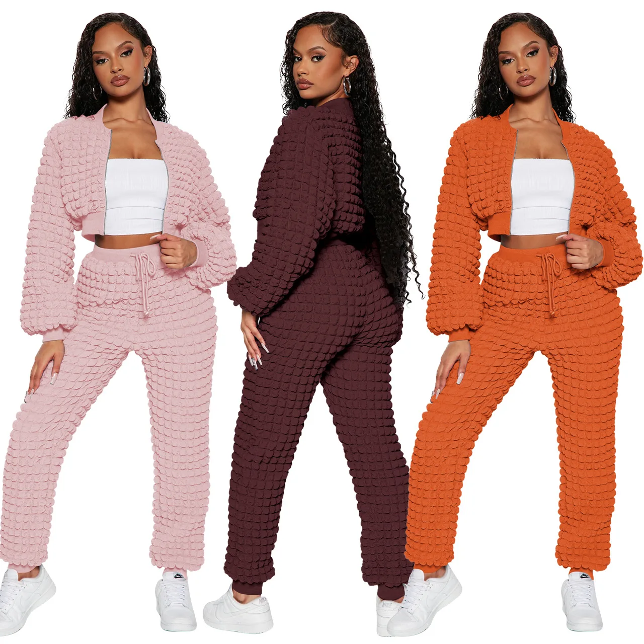 Solid Popcorn Casual 2 Piece Set Women Autumn 2023 O Neck Long Sleeve Zipper Crop Top High Waist Drawstring Pants Streetwear