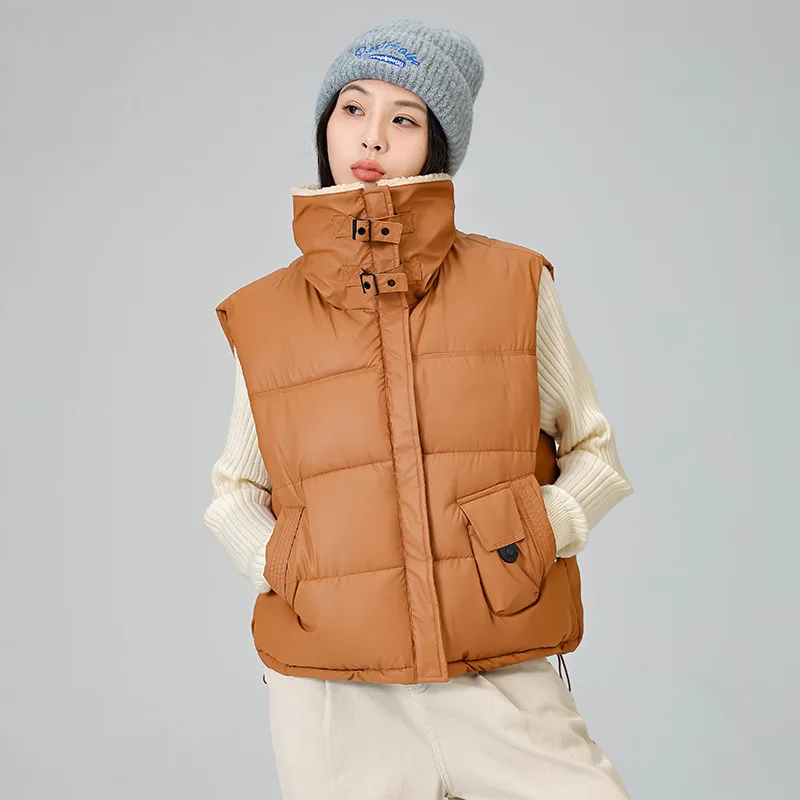 Faux Lamswollen Kraag Katoen Gevoerd Vest Dames Winter Lichtgewicht Warm Mouwloos Gewatteerd Jasje Chique Opstaande Kraag Korte Parka's