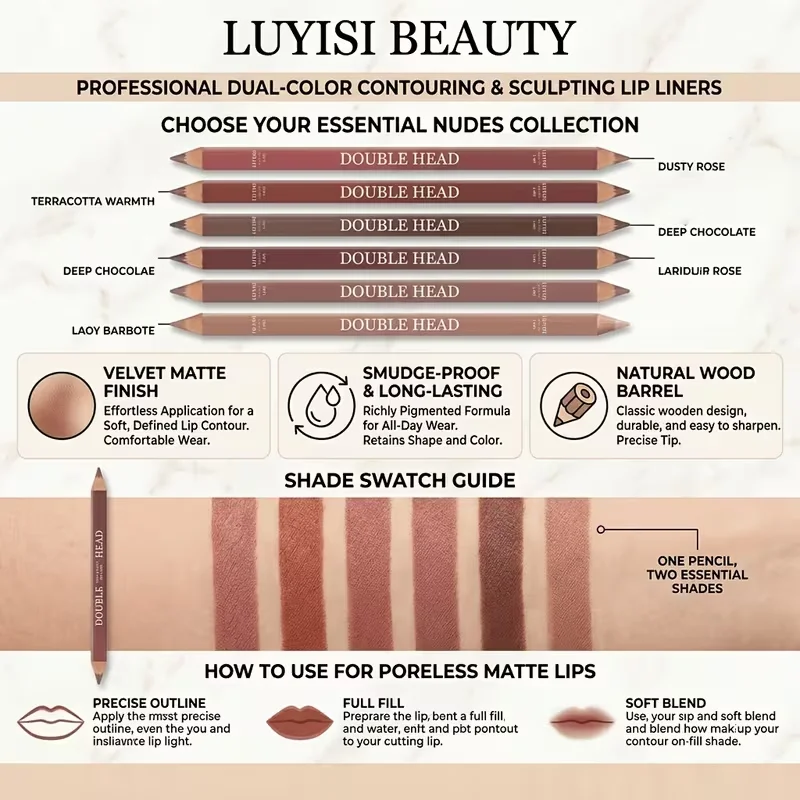 6-Pack Double-Head Velvet Soft-Focus Lip Liner Set | Smooth Blendable Lip Sculpting Pencil Trio | Universal Everyday Nude Overlining Bundle