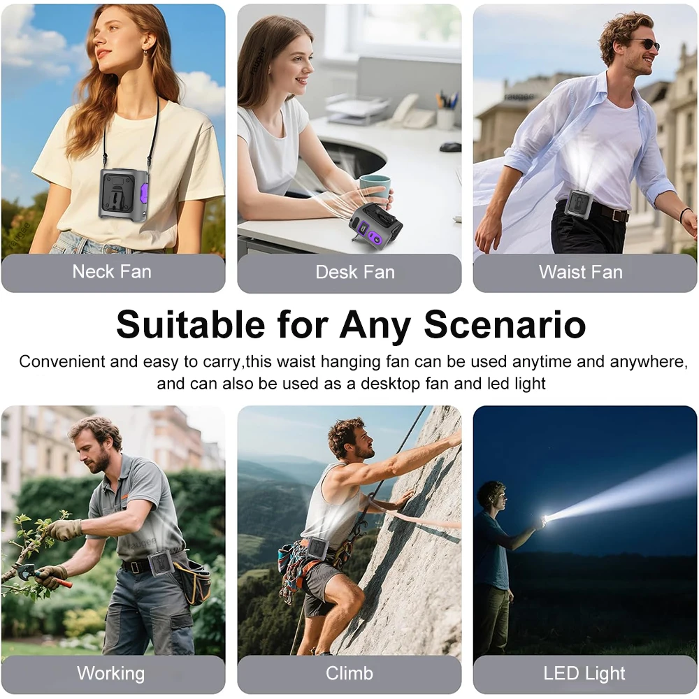 Portable Cooling Waist Fan Mini USB Neck Fan 8000mAh Outdoor Camping Fan Rechargeable Waist Clip Fan with Power Bank LED Light image 6