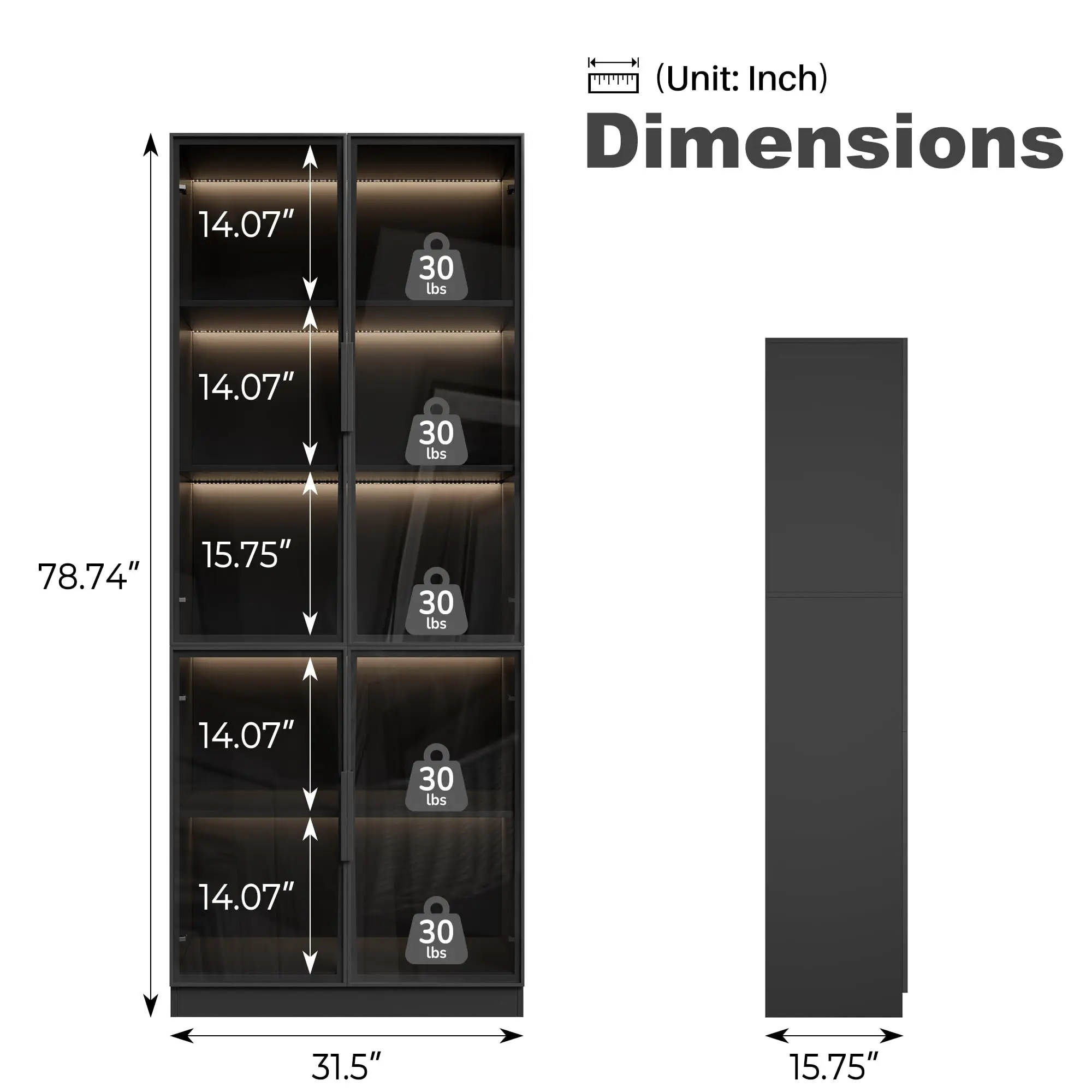 Glass Display Cabinet with 5-Tier Storage, Curio Cabinet with 4 Tempered Glass Doors and RGB Lights, Display Case for