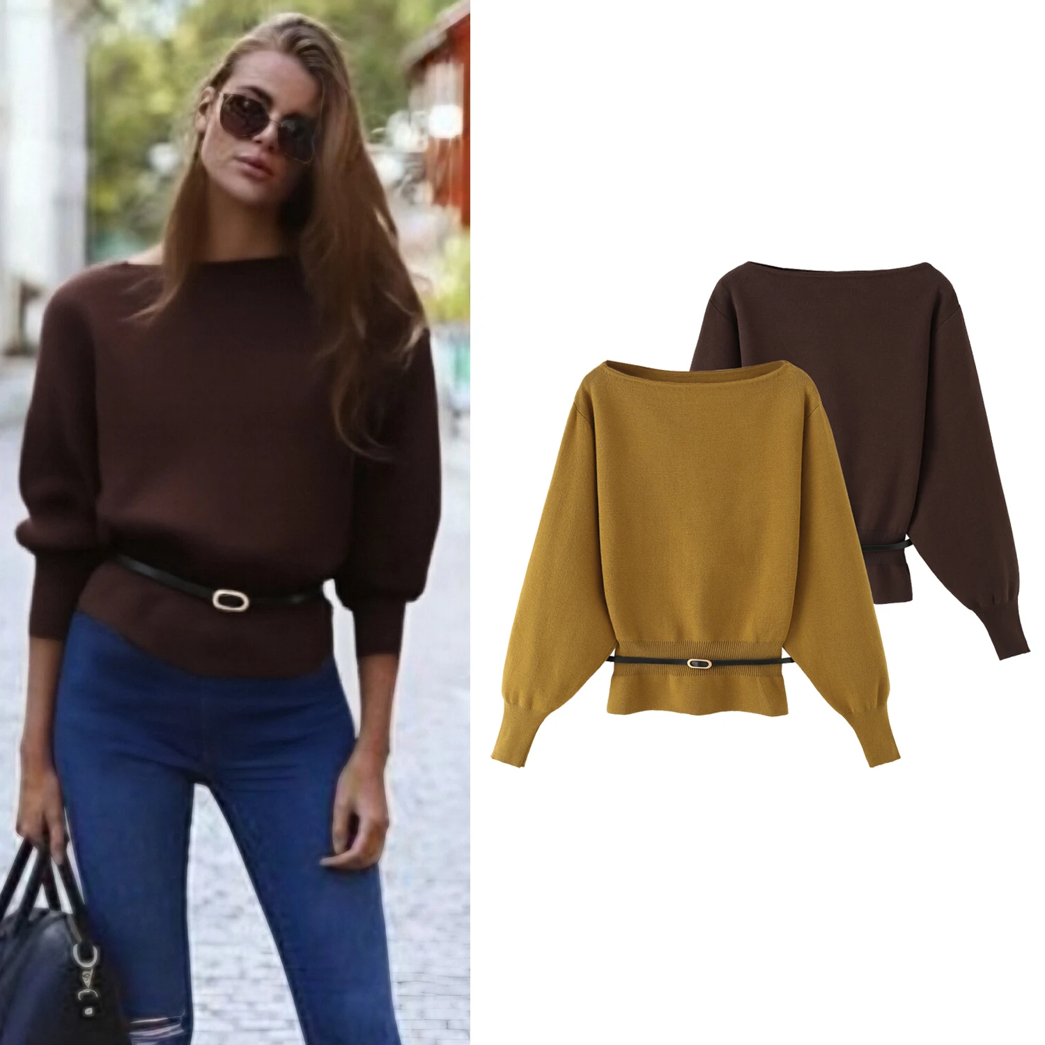 

Women chic Boat Neck Knit Sweater Spring Autumn new female Cozy Knitwear Jumper with Belted lady Puff full Sleeves Knited Tops