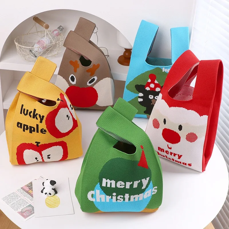 

Christmas Storage Bags Knot Wrist Handbag Santa Claus Snowman Elk Handmade Knit Handbags Casual Tote Bag Reusable Shopping Bags