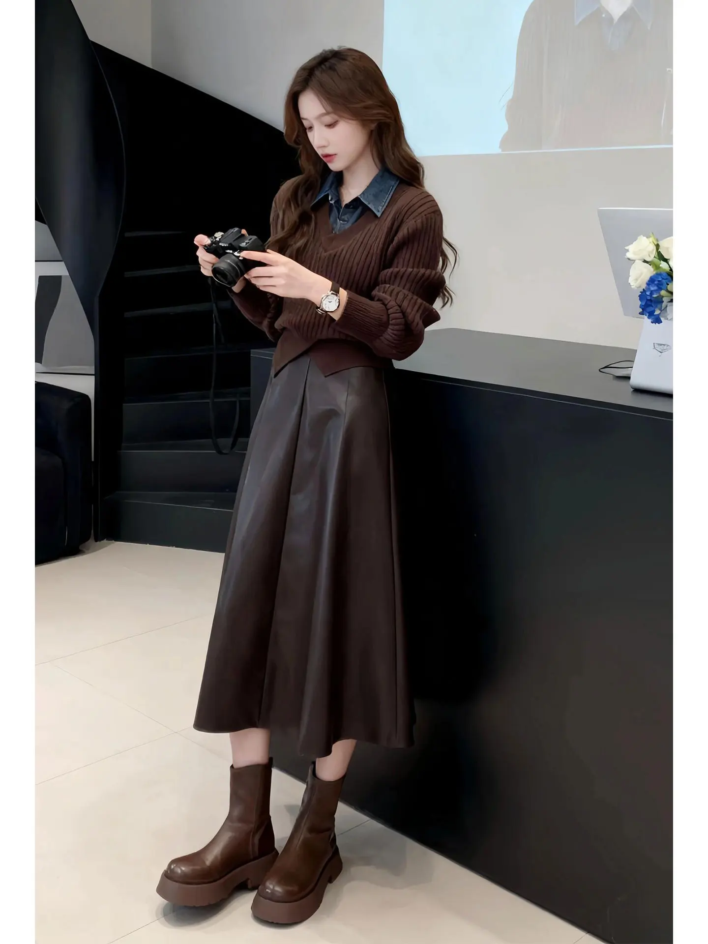 

Korean Sle Coffee Knitted Sweater And Skirt Two-Piece Set for Women Winter Faion Casual High Waist Midi Skirt