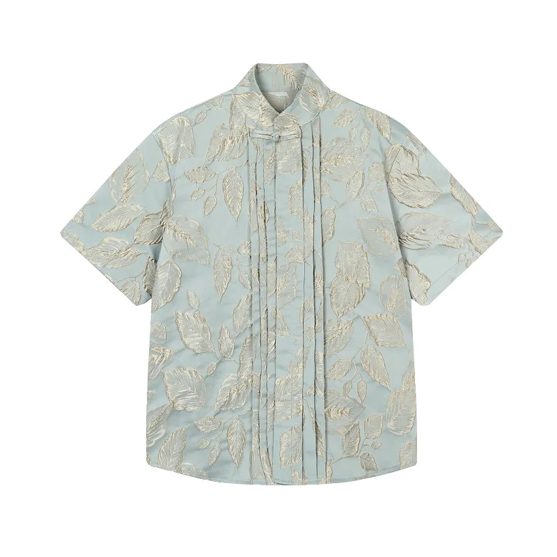 

Summer New Chinese Three-dimensional Jacquard Disc Button Stand-up Collar Short-sleeved Shirt National Style Shirt