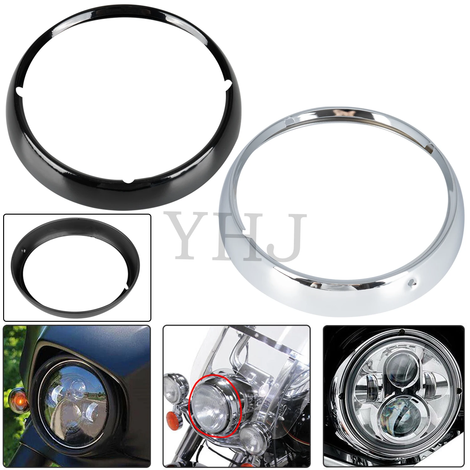 

7" Headlight Lamp Trim Ring For Harley Motorcycle Touring Road King Electra Street Tri Glide FLHT FLHR FLHTC FLHX Black/Chrome