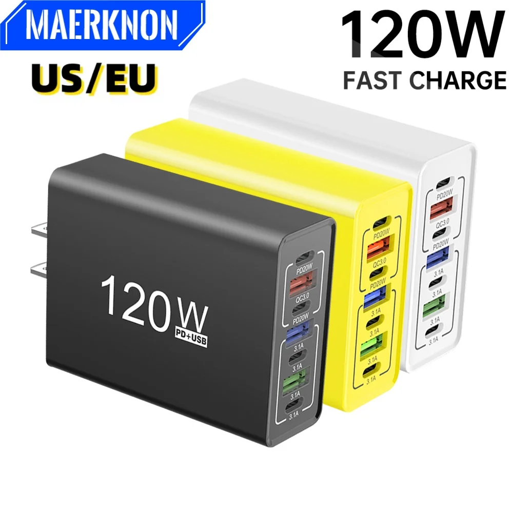 

Total 120W 7 Ports USB Fast Charger Cellphone Type C Quick Charge 3.0 Travel Charger Plug Wall Adapter For iPhone Samsung Xiaomi