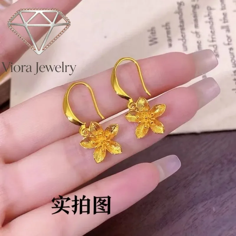 Viora Jewelry Happy Wedding Three-Life Flower Earrings AU999 Women's 24K Gold - Pure AU999, layered petals, sweet wedding meanin